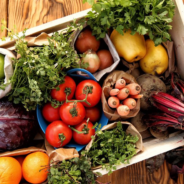 Fruits And Vegetables in wooden box
